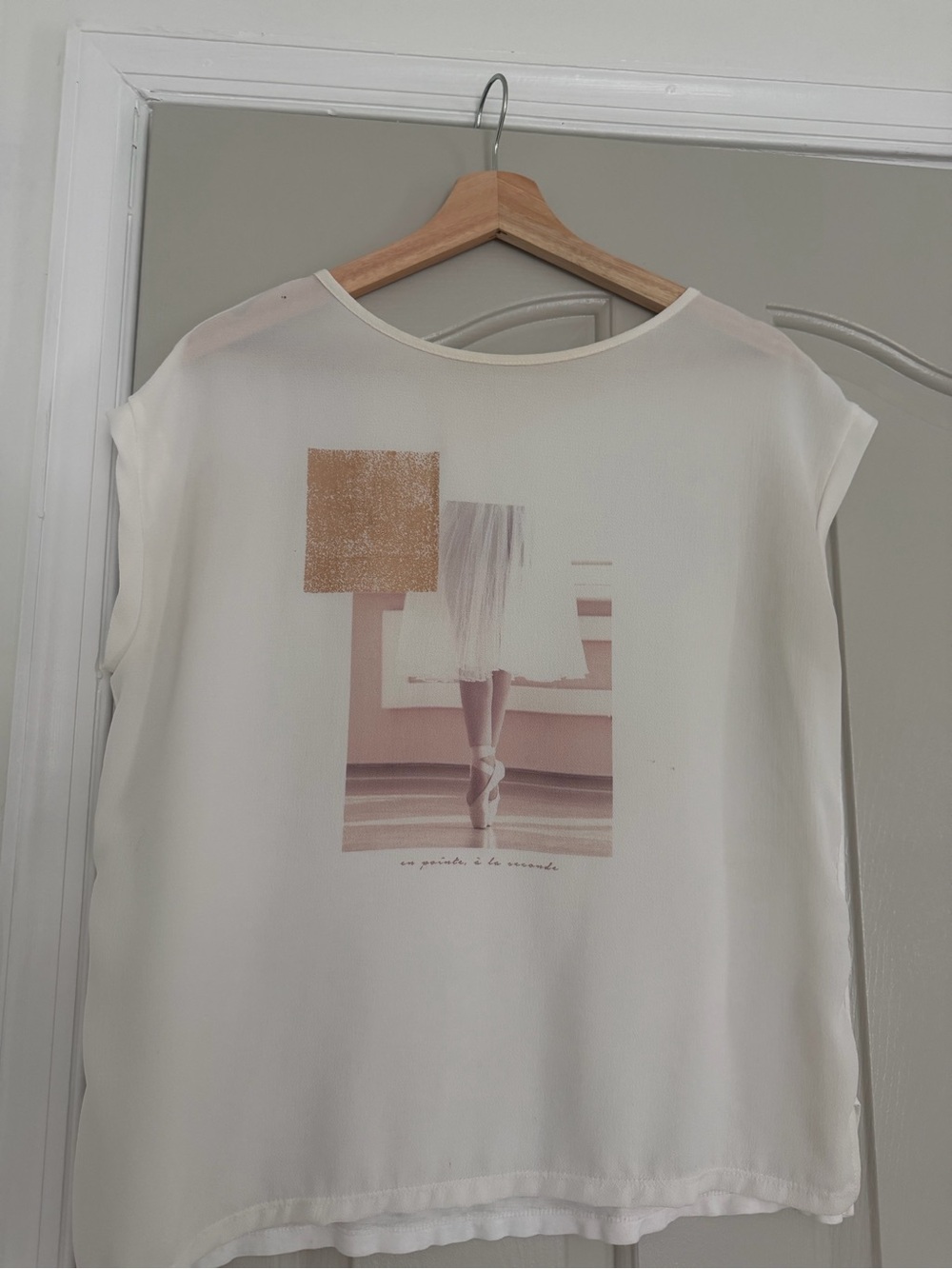 Mango Cream Graphic Short-Sleeve Blouse with Pink Accent